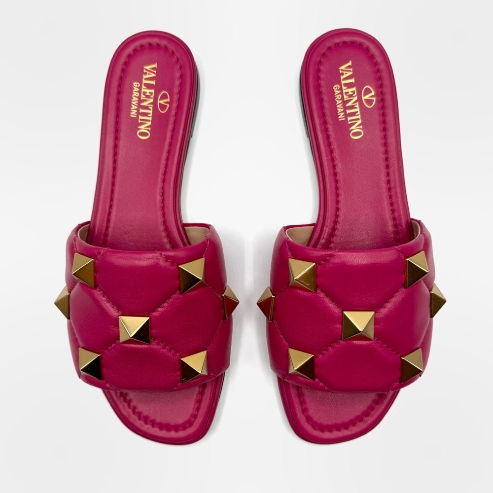 NEW Valentino Hot Pink Leather Roman Stud Opened Toe Sandals Flats Shoes
